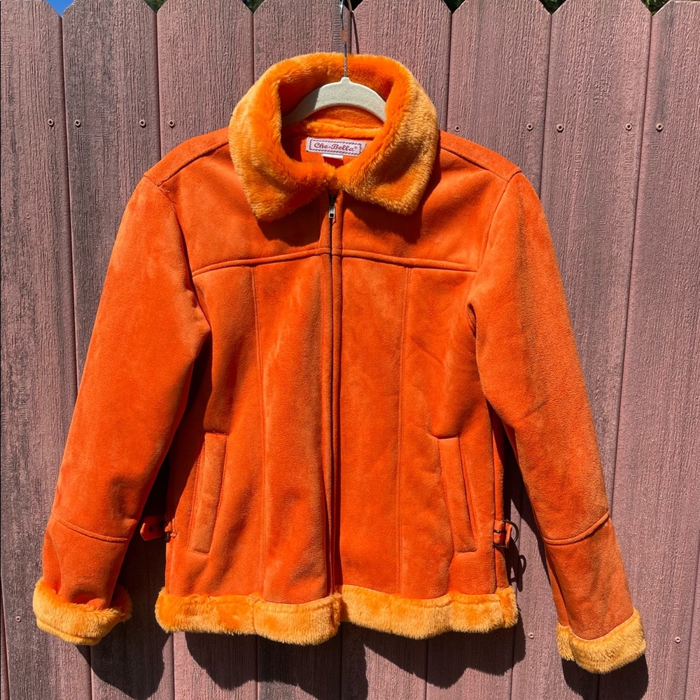 1990s Suede Bright Orange Bomber Zip Up Jacket with Faux Fur Orange Trim LARGE